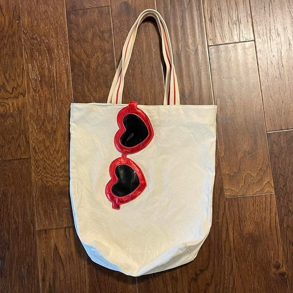 Bath & Body Works Canvas Tote Bag Heart Sunglasses Zip Top Shopper Purse - Picture 1 of 8